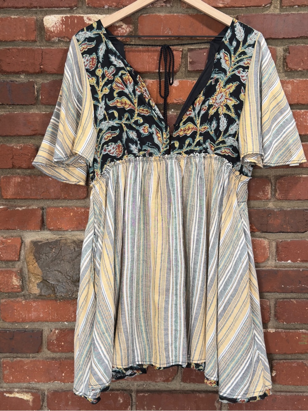 Free People Under the Sun Tunic dress black combo boho floral striped small FLAW - Picture 2 of 16